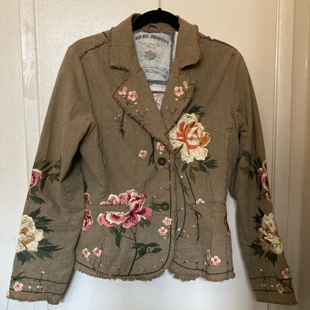 DB SPORT Plaid Floral Embroidered Frayed Blazer Jacket Women’s